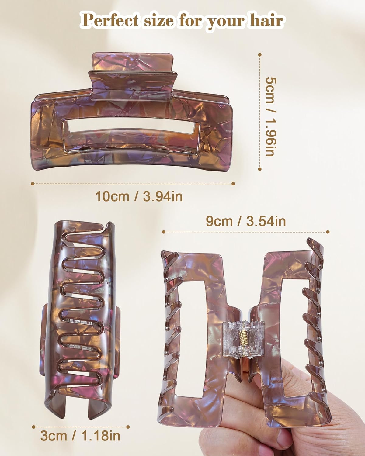 HOKEMP 2 Pack Acrylic Hair Claw Clips for Women, 3.93 Inch Large Non-Slip Strong Hold Rectangle HairClip for Thin Thick Hair (Color 1)