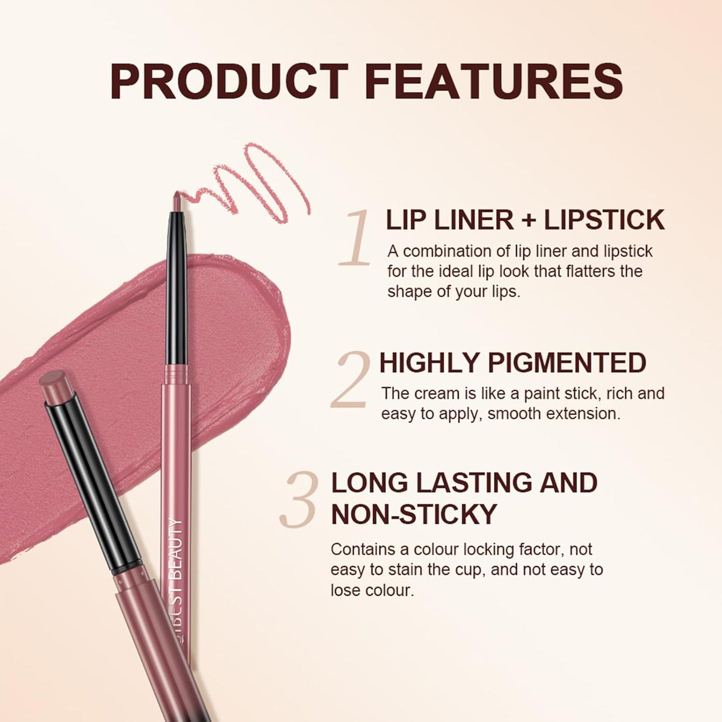 QiBest Nude Rose Pink Cream Lipstick with Lip Liner Makeup Set for Women, Soft Matte Lip Stick Silk Finish with LipLiner Pencil 24 Hours Original Waterproof Labials, Velvety & Non-Drying Formula