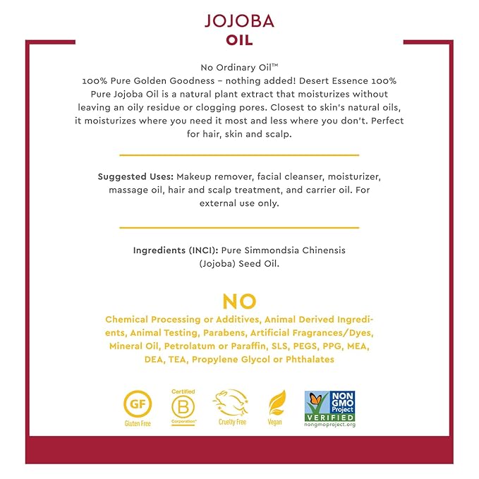 Desert Essence 100% Pure Jojoba Oil – 4 Fl Oz Moisturizer for Hair, Skin & Scalp | Makeup Remover & Aftershave Hydrator, Non-GMO, Vegan, Cold-Pressed, Anti-Flakiness & Non-Clogging Beauty Elixir