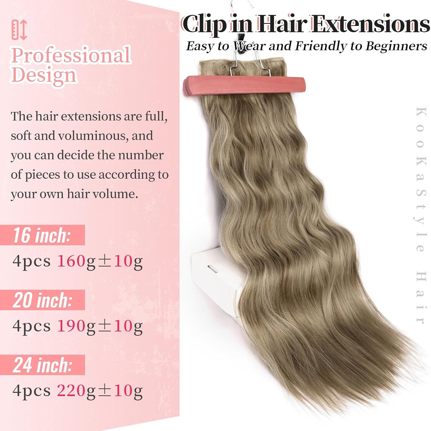 KooKaStyle Hair Extensions Ashy Taupe Blonde Clip in Synthetic Highlight Long Wavy 4PCS Thick Hairpieces for Daily Use 24 Inch for Women