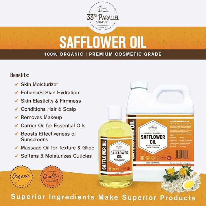 Organic Safflower Oil (16 oz) Premium Cold Pressed Unrefined | 100% Pure Safflower Oil for Skin, Face, Hair, Soap Making | Carrier for Essential Oils | Available in Bulk | 16 FL OZ