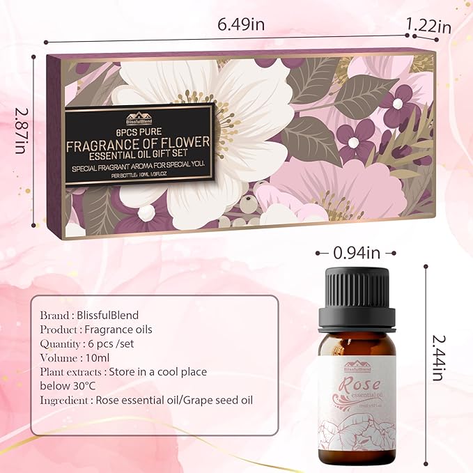 6 Pack Aromatherapy Essential Oils Set Diffuser for Home Care Lavender Jasmine Rose Chamomile Sakura Gardenia Fragrance of Spring Flower Essential Oil Gift Set for Candle Making 10ML