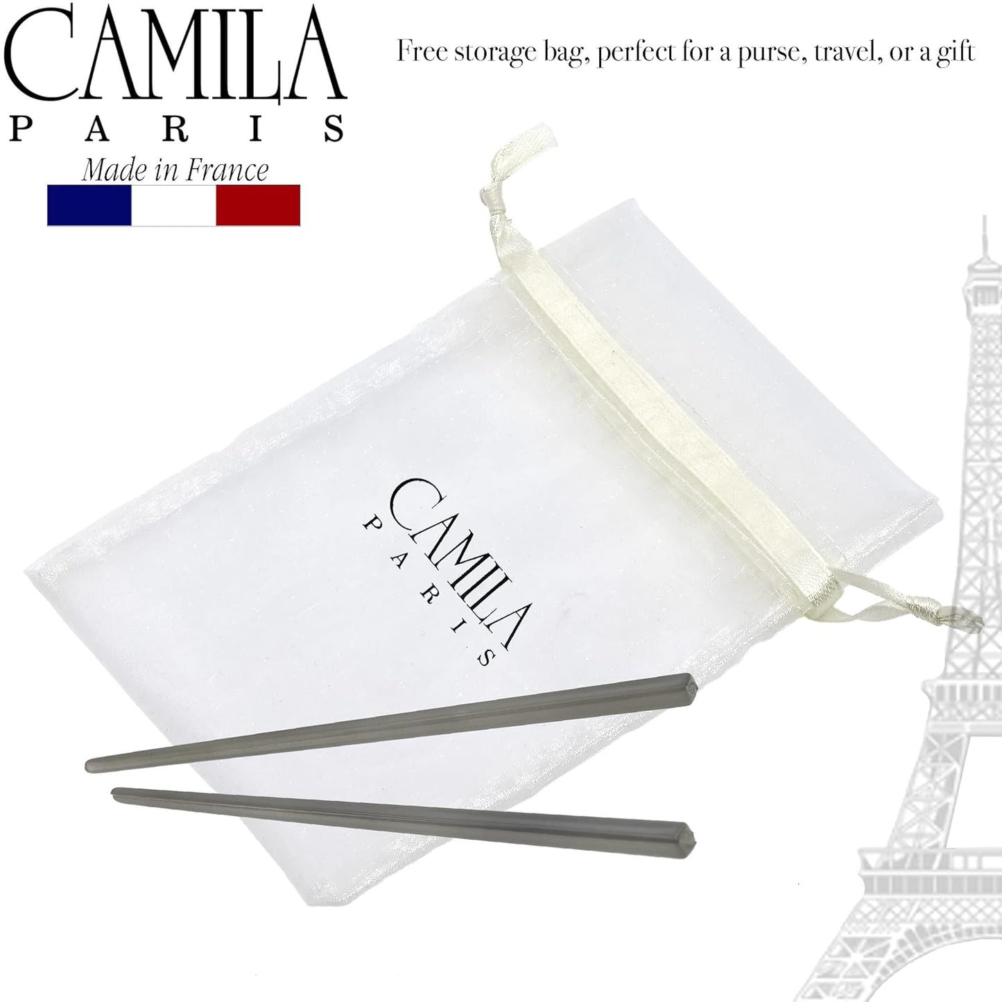 Camila Paris CP3381 French Twist Stick Hair Pin, Set of 2 Gray, Girls Chopsticks Hair Pins for Girls Spiral Updo Chignon Bun Holder, Styling Hair Accessories for Women, Made in France