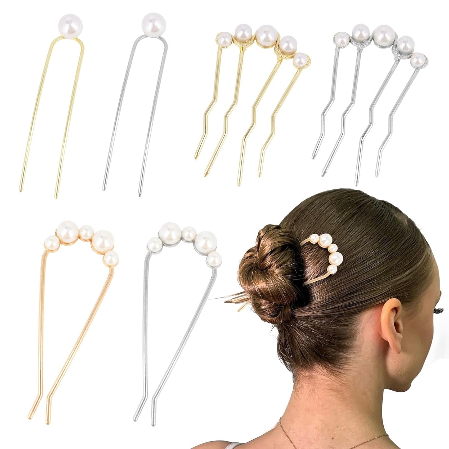 Pearl French Hair Pin Metal Gold Silver Hair Pins for Women Buns U Shaped Hair Pins for Women Girls Styling Hair Fork for Thick Thin Hair Accessories