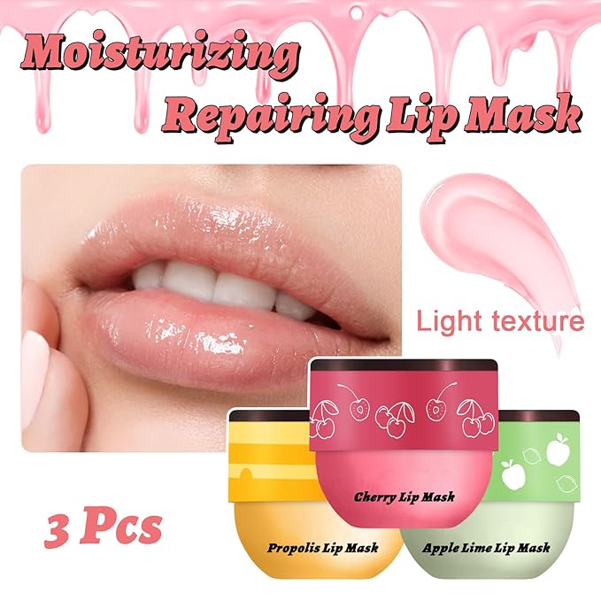 3 PCS Bee Lip Balm Mask Honey Pot, Watermelon, Cherry & Coconut Propolis Moisturizing, Hydrating Prevention for Dry and Cracked Lips, Scrubs Exfoliator (Cherry, Honey & Apple Lime)