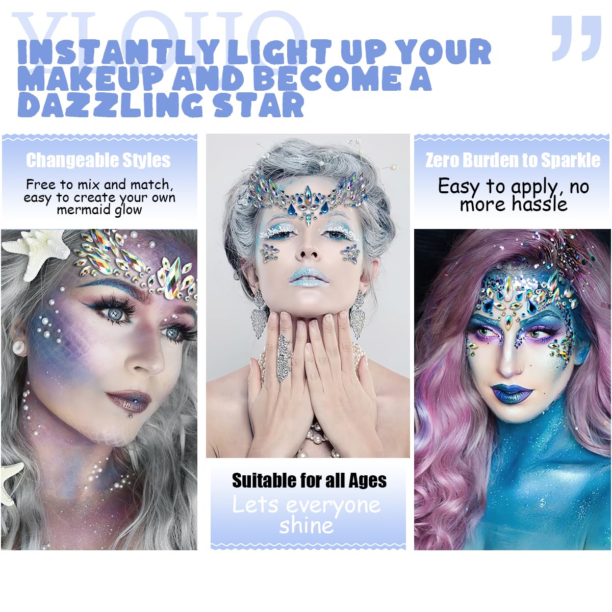 Mermaid Face Gems Stickers Rhinestone Colorful Glitter Gems Temporary Face Tattoo Stickers for Women Girl Halloween Cosplay Christmas Music Carnival Party Makeup (2 Pack)