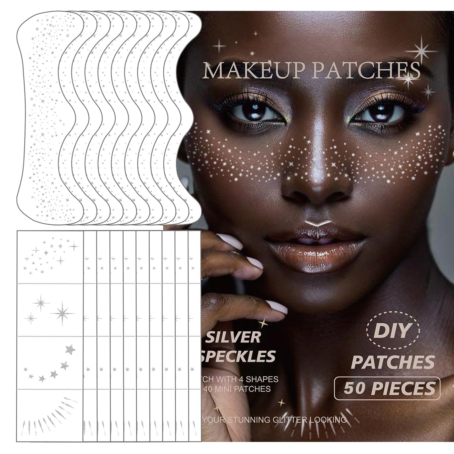 20 Pcs Silver Glitter Freckles,20 Pcs Face Gems with 4 Shapes - Sparkling Self-Adhesive Face Jewels for Festival, Rave & Party Makeup - Waterproof Face Glitter Patches for Women & Teens