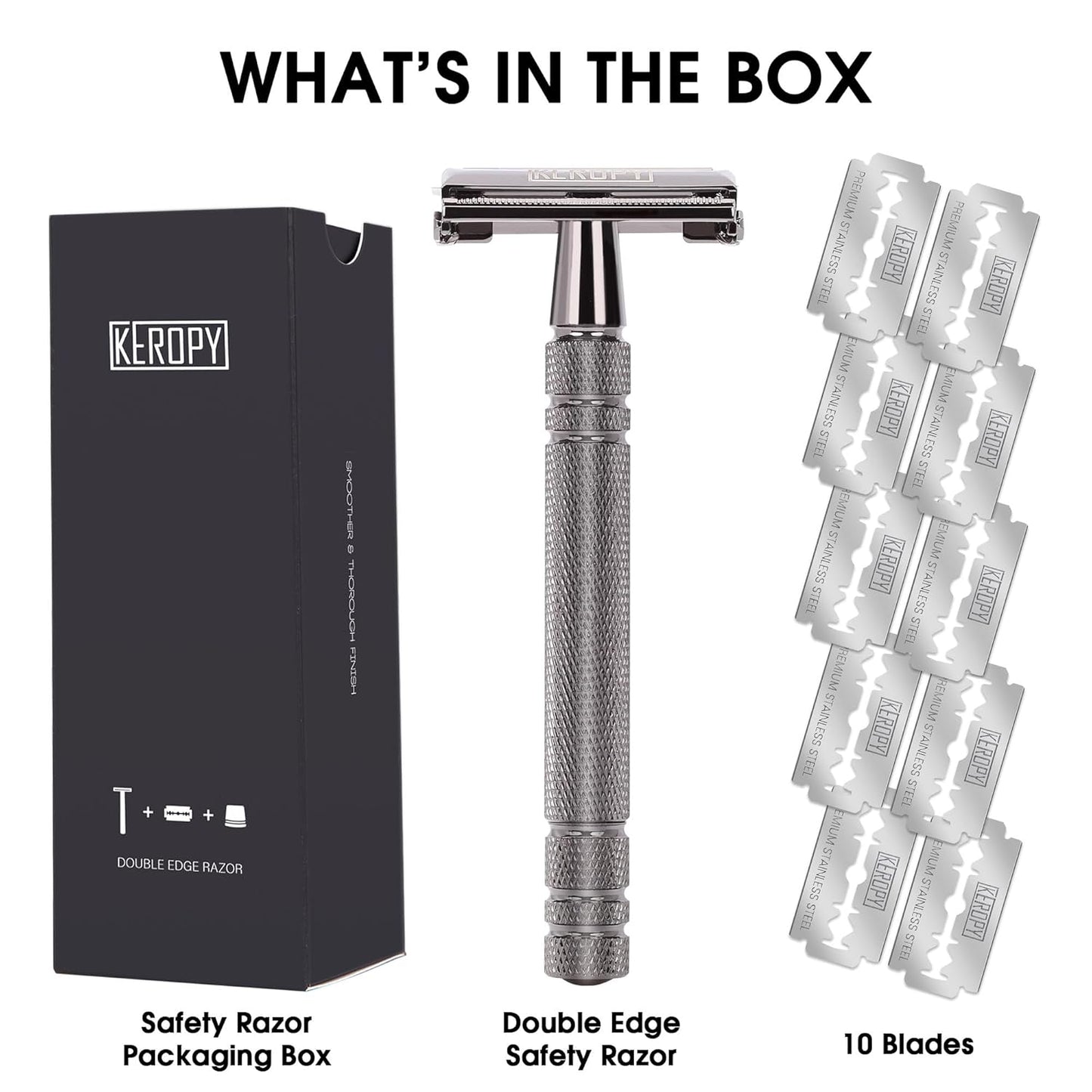 Double Edge Safety Razor for Men, Butterfly Open Comb Design with 10 Superior Blades - Stainless Steel Razor for Close Smooth Shave, Quick Charge for Modern Men, All-in-One, Eco-Friendly - Gloss Black
