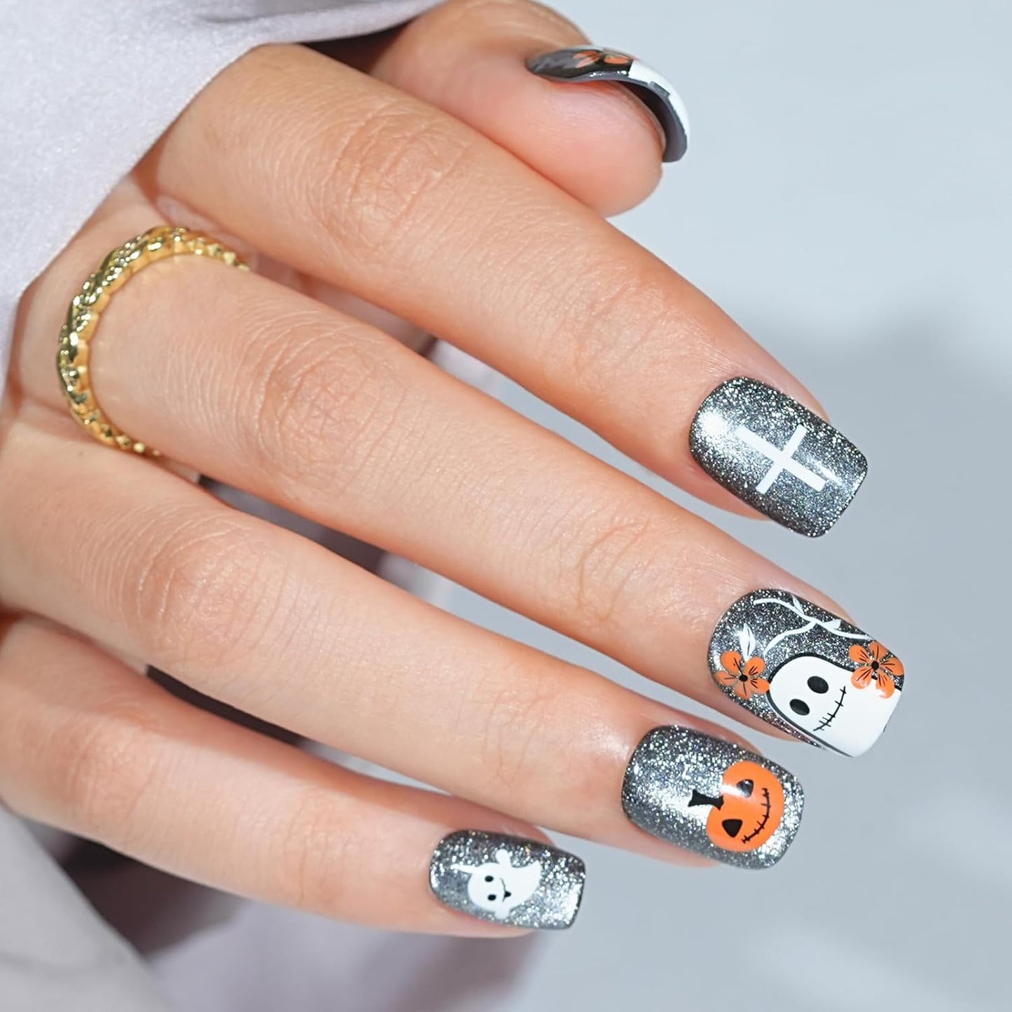 Halloween Press On Nails - Pumpkin Nail Gray Cat Eye Halloween Nails, Acrylic Short Square Nails Press On with Nail Glue, Fit Perfectly & Natural Stick On Nails in 16 Sizes - 32PCS Soft Gel Kit