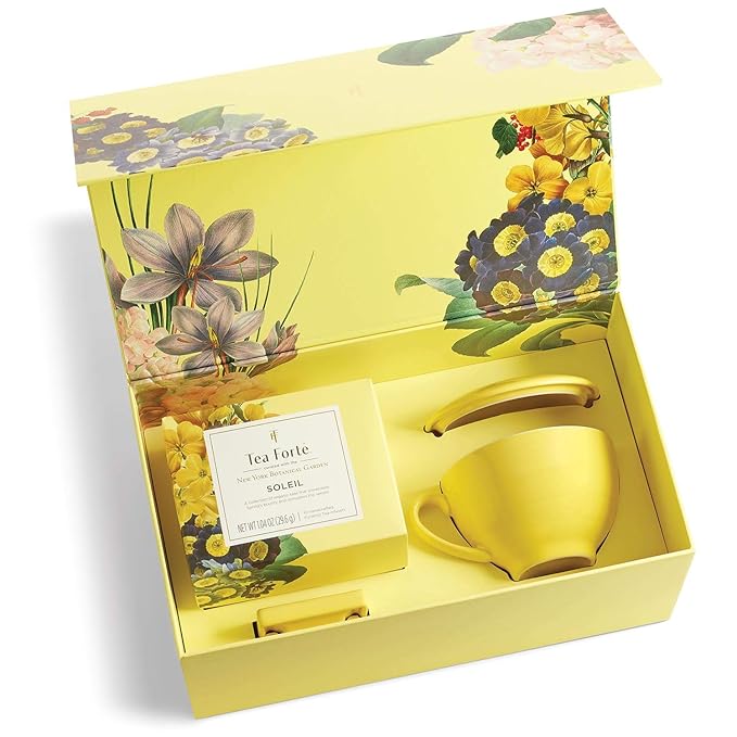 Tea Forte Soleil 3-Piece Mother's Day Tea Gift Set with Yellow Cafe Cup with Lid, Tea Tray and 10 Assorted 2 of Each Variety Organic Handcrafted Pyramid Infuser Tea Bags