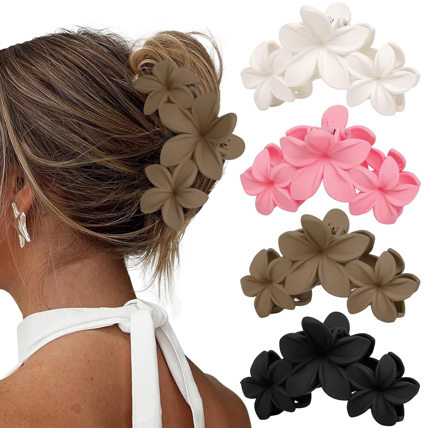 Hawaiian Plumeria Flower Hair Clips for Women Large Matte Claw Clips for Girls Non-Slip Claw Clips for Thick and Thin Hair Strong Hold Beach Hair Accessories 4 PCS