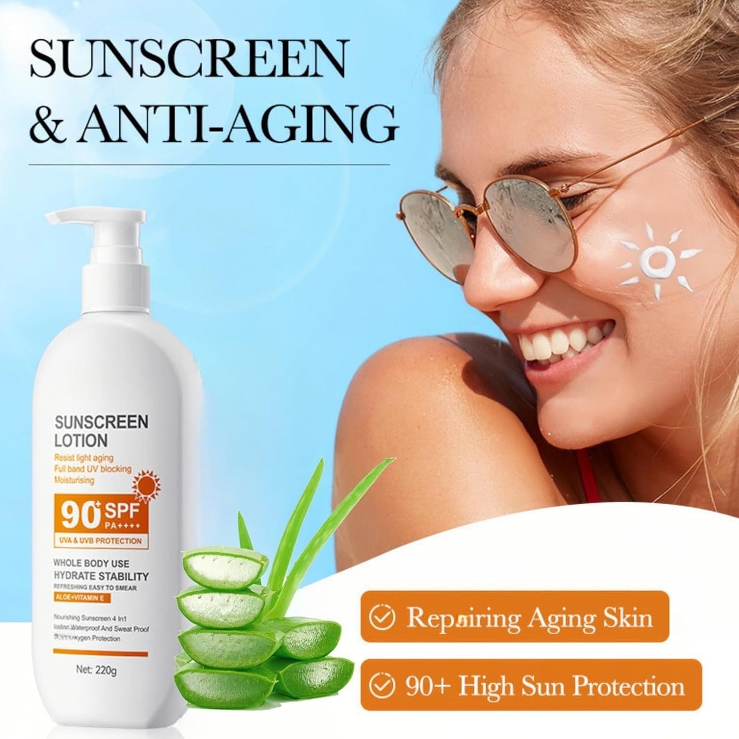 High SPF Sunscreen - Large Capacity SPF 90 Sun Screen Protector for Face & Whole Body - Outdoor Travel Size Sport 90 SPF Sunscreen Moisturizer, 220G