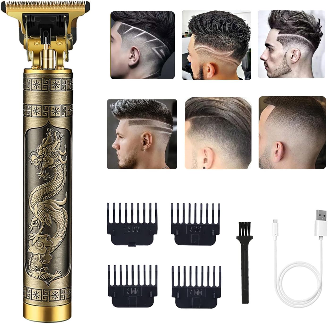 Hair Clippers for Men, Cordless Electric Hair Trimmer Rechargeable Beard Trimmer Shaver, Electric T Blade Trimmer Zero Gapped Edgers Hair Cutting Kit with Guide Combs(Dragon)