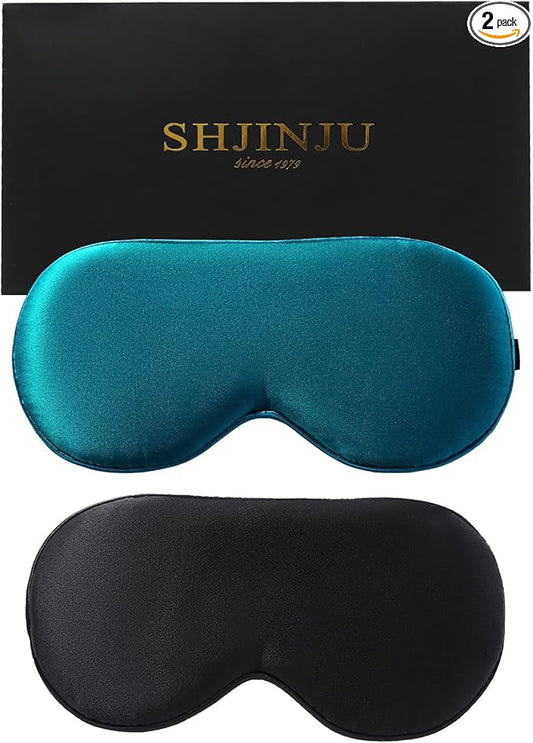 2-Pack 100% Real Natural Silk Eye Mask, Silk Sleeping Mask, Shade Puffy Eye Gift with Adjustable Straps, Sleep Eye Mask, SHJINJU Eye Mask Shade (Black and Lake Blue)