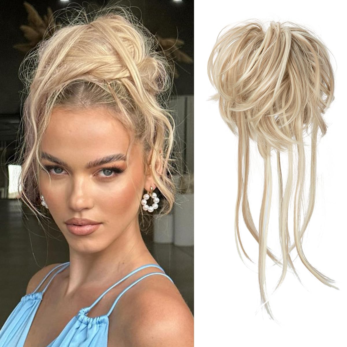 CJL HAIR Messy Bun Hair Piece Curly Hair Bun Extensions with Straight Tails Synthetic Hair Scrunchies Ponytail Hairpieces for Women Dirty Blonde