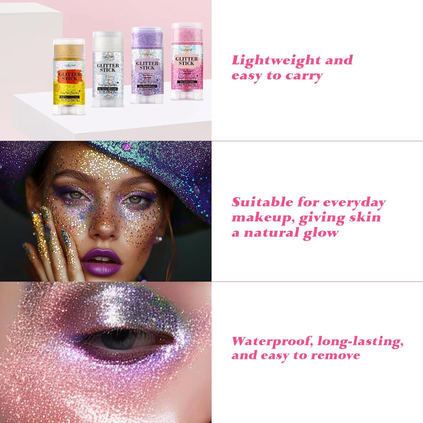 Gold Body Glitter Stick - Face & Hair Glitter Stick for Shimmer & Shine, Long-Lasting Sparkle,Glitter Gel for Hair, Glitter Makeup for Women and Men