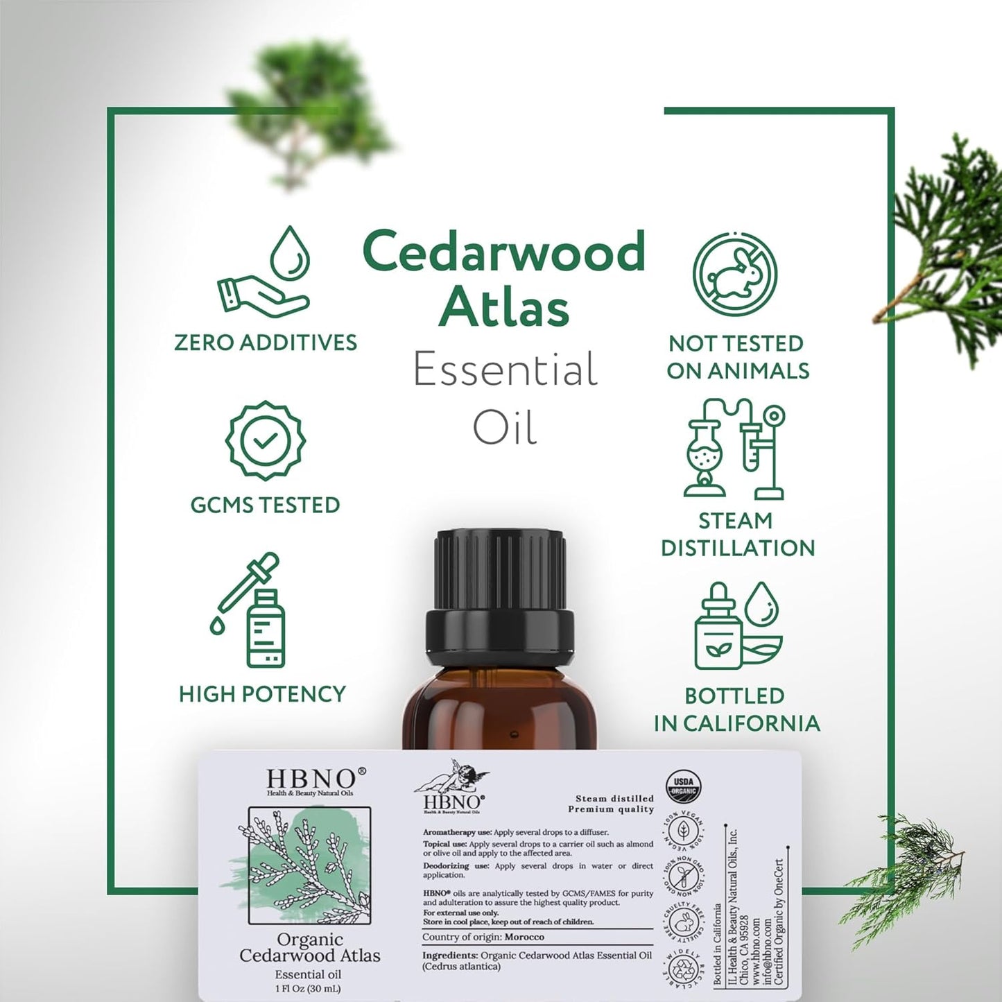 HBNO California Bottled Organic Cedarwood Essential Oil 1 fl oz (30ml) - USDA Certified Organic Cedarwood Essential Oil for Aromatherapy, Soap Making, DIY, Fragrances, Diffuser