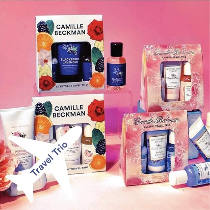 Camille Beckman Classic Collection Travel Trios, Camille, Glycerine Hand Therapy 1.35 oz, Silky Body Cream 2 oz, Hand & Shower Cleansing Gel 2 oz