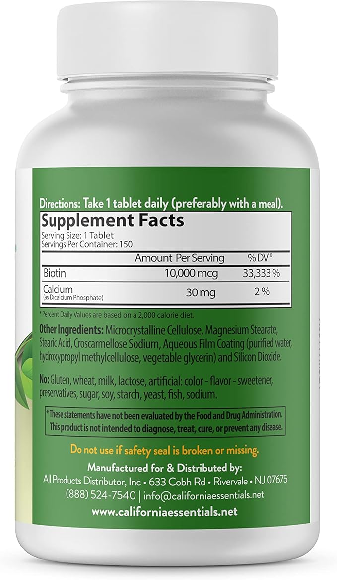 California Essentials Biotin 10000mcg – Hair Growth Vegetarian Vitamins B7 Supports Healthy Hair, Skin, and Nail Growth – Dietary Supplement for Men & Women of All Hair Types (150 Tablets)
