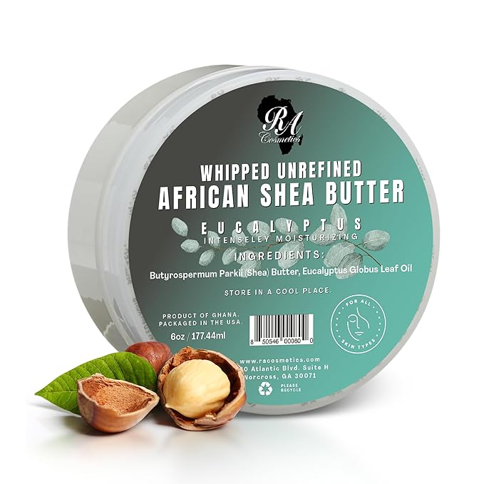 RA COSMETICS Whipped Shea Butter Eucalyptus – 6oz | 100% Pure and Natural African Shea Butter for Men & Women - Ultimate Handcrafted Moisturizer with Essential Vitamins for Radiant Skin & Hair