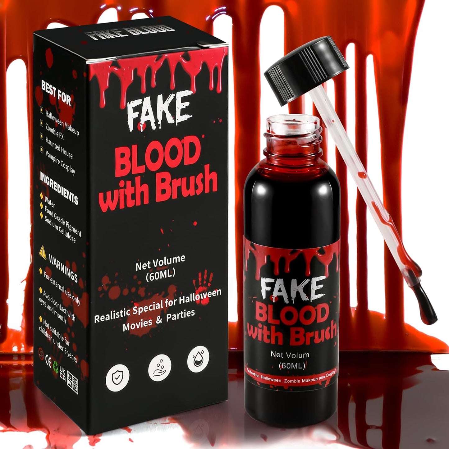 Halloween Fake Blood with Brush Cap – 60ML Dark Blood Coagulated Look for Realistic SFX Makeup, Vampire Zombie Wound Effects, Fake Blood Makeup for Clothes, Face, Cosplay, Theater,Party