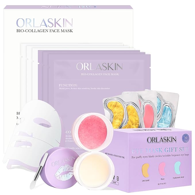 30pcs Under Eye Patches for Puffy Eyes and Dark Circles+6PCS Collagen Face Mask Overnight Bio-Collagen Real Deep Mask+Lip Mask & Lip Scrubber Exfoliator Lip Sleeping Mask Overnight