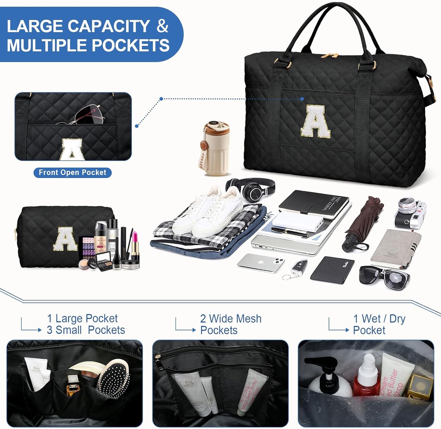 Gifts for Teen Girl, Initial Travel Duffle Bag, Personalized Women Weekender Overnight Bags, Gift for Daughter Kid Girl Wife Friend（Black,A)