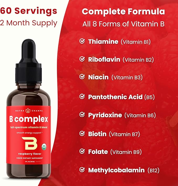 USDA Organic Vitamin B Complex Liquid Drops | B Vitamins Complex Supplement with B1, B2, B3, B6, B7, B9 & Methyl B12 Drops for Adults & Kids | Vegan Berry Flavor 2oz | 60 Servings / 2 Month Supply