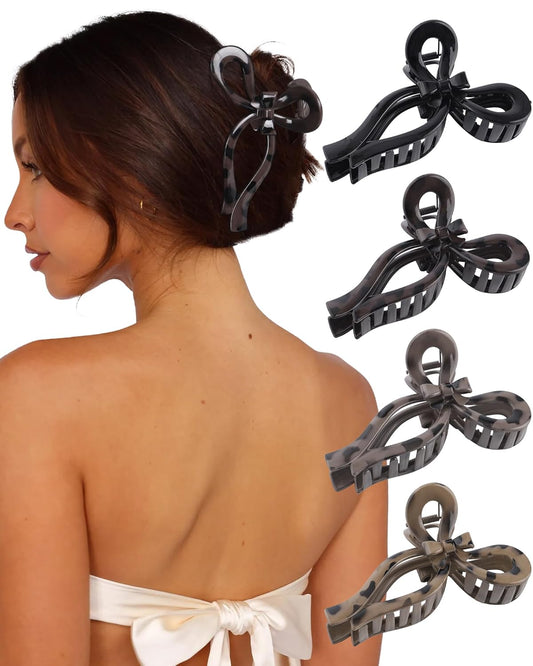 4 PCS Bow Hair Clips Bow Claw Clip for Women Nonslip Large Hair Claw Clips for Thin and Thick Hair Strong Hold Hair Bows (Black+Leopard Print)