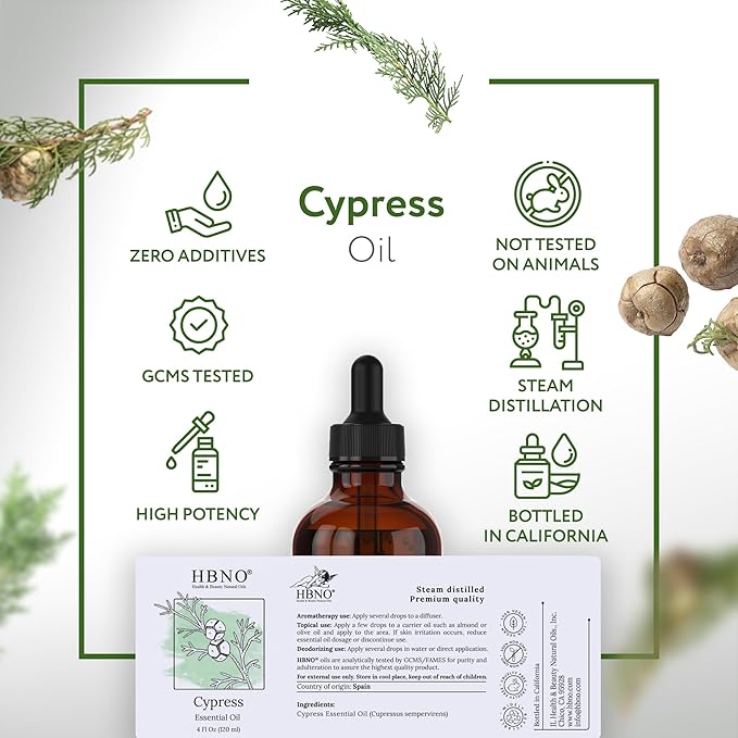 HBNO Cypress Essential Oil - Huge 4 oz (120ml) Value Size - Natural Cypress Oil - Perfect for Cleaning, Aromatherapy, DIY, Soap and Diffuser - Cypress Essential Oils
