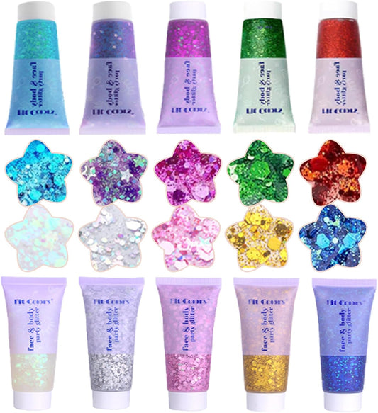 Face Body Glitter, Hair Glitter Sparkles Chunky Face Glitter Gel for Girls Makeup Singer Concerts Mermaid Festival Sequins, 10 Colors(White+Silver+Gold+Pink+Blue+Purple+Red+Light Blue+Green+Rose)