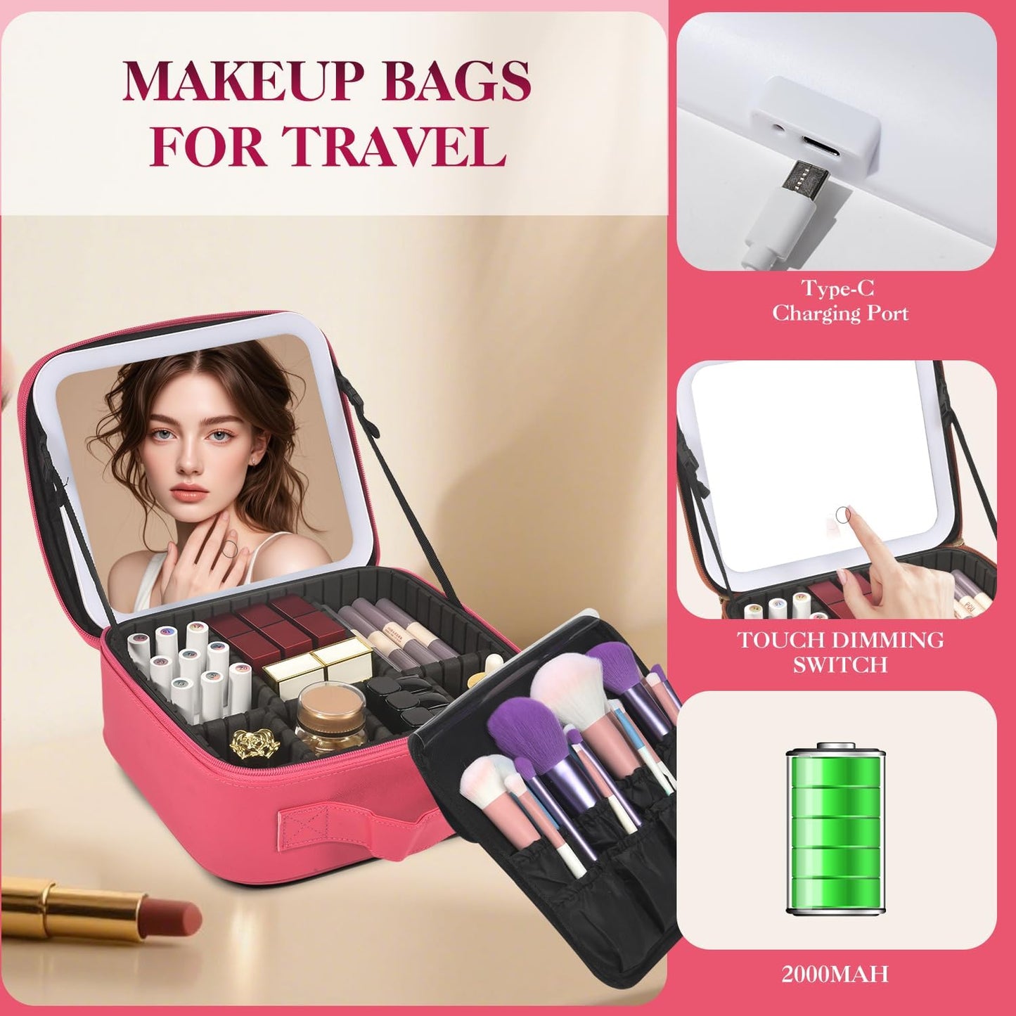 Travel Makeup Bag With LED Mirror,Cosmetic Train Case with 3 Color Setting,Cosmetic Makeup Organizer Bag with Adjustable Dividers,Portable Make up Box with Make up Brushes Holder Storage（Rose）