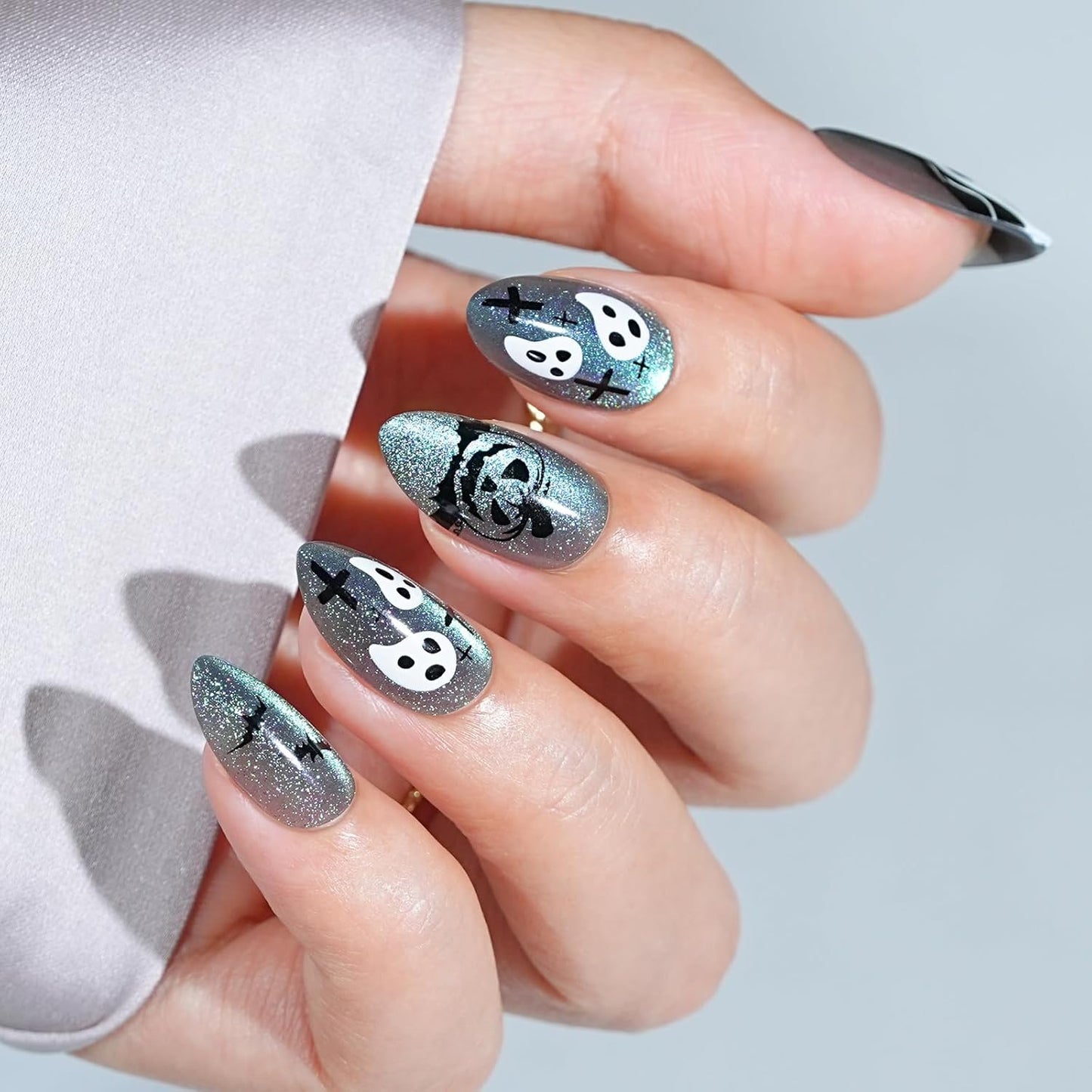 Halloween Press On Nails Short Almond - Haunted Harvest, Green Cat Eye Halloween Nails, Acrylic Square Halloween Fake Nails with Nail Glue, Stick On Nails in 16 Sizes - 32 PCS Soft Gel Kit