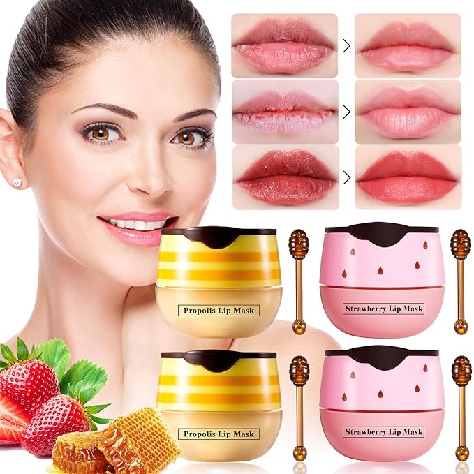 4 PCS Honey Lip Balm Pot, Strawberry & Honey Lip Mask, Reduces Lines, Hydrate & Moisturizing Skin Care, Prevention Dry Cracked Lips Repair Treatment