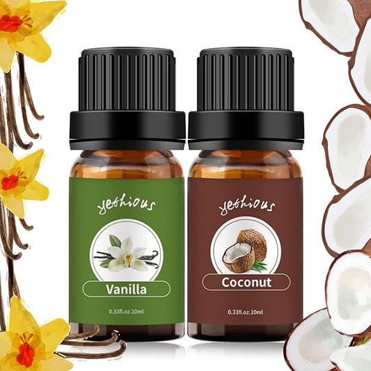 yethious Vanilla Coconut Essential Oil Set Coconut Oil Organic Vanilla Essential Oils for Soap Making, Diffuser, Skin Hair Care - 2 x 10ML