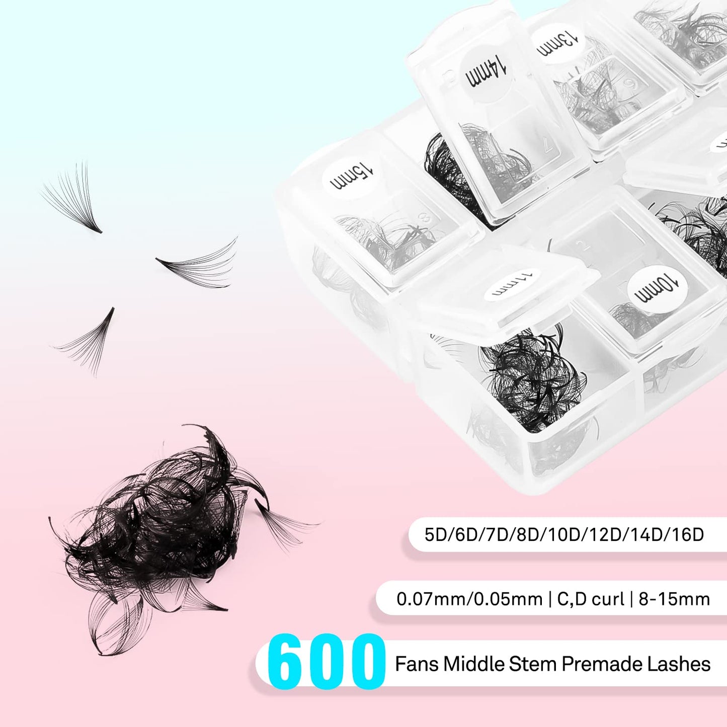 VAVALASH 600 Fans Premade Fans Eyelash Extensions 5D-24D Premade Lash Fans Promade Loose Fans Thin Base Premade Volume Lash Extension(14D-0.05-C-8-15mm)