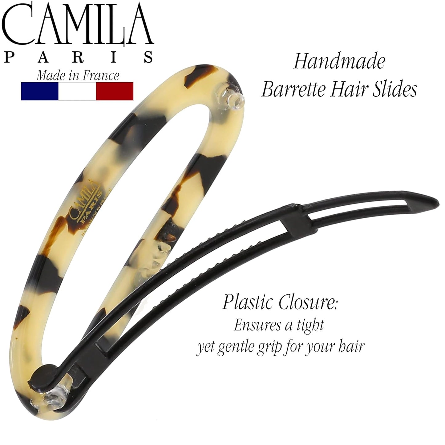 Camila Paris CP3364 French Hair Barrette Clip for Women, Handmade, White Tokyo, Slide-in Metal-Free Closure, Strong Hold Grip Hair Clips for Girls, No Slip Durable Hair Accessories, Made in France