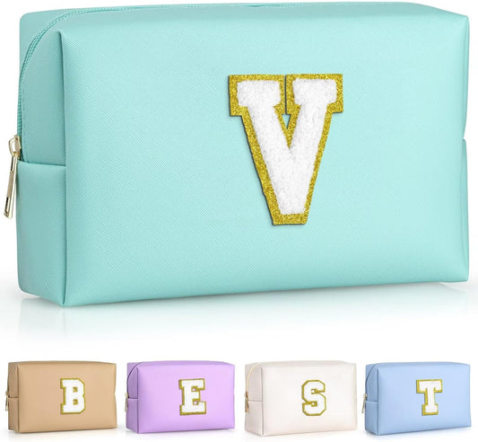 TOPEAST Initial Makeup Bags for Women, Personalized Portable Cosmetic Bag for Travel, Cute Makeup Pouch, PU Leather Waterproof Toiletry Bag, Preppy Things for Girl (Blue V)