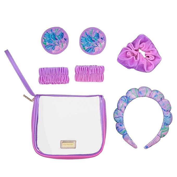 Lilly Pulitzer Self Care Kit, Spa Gift Set for Women with Spa Headband, 2 Face Wash Pads, 2 Wristbands, and Scrunchie, Secret Escape