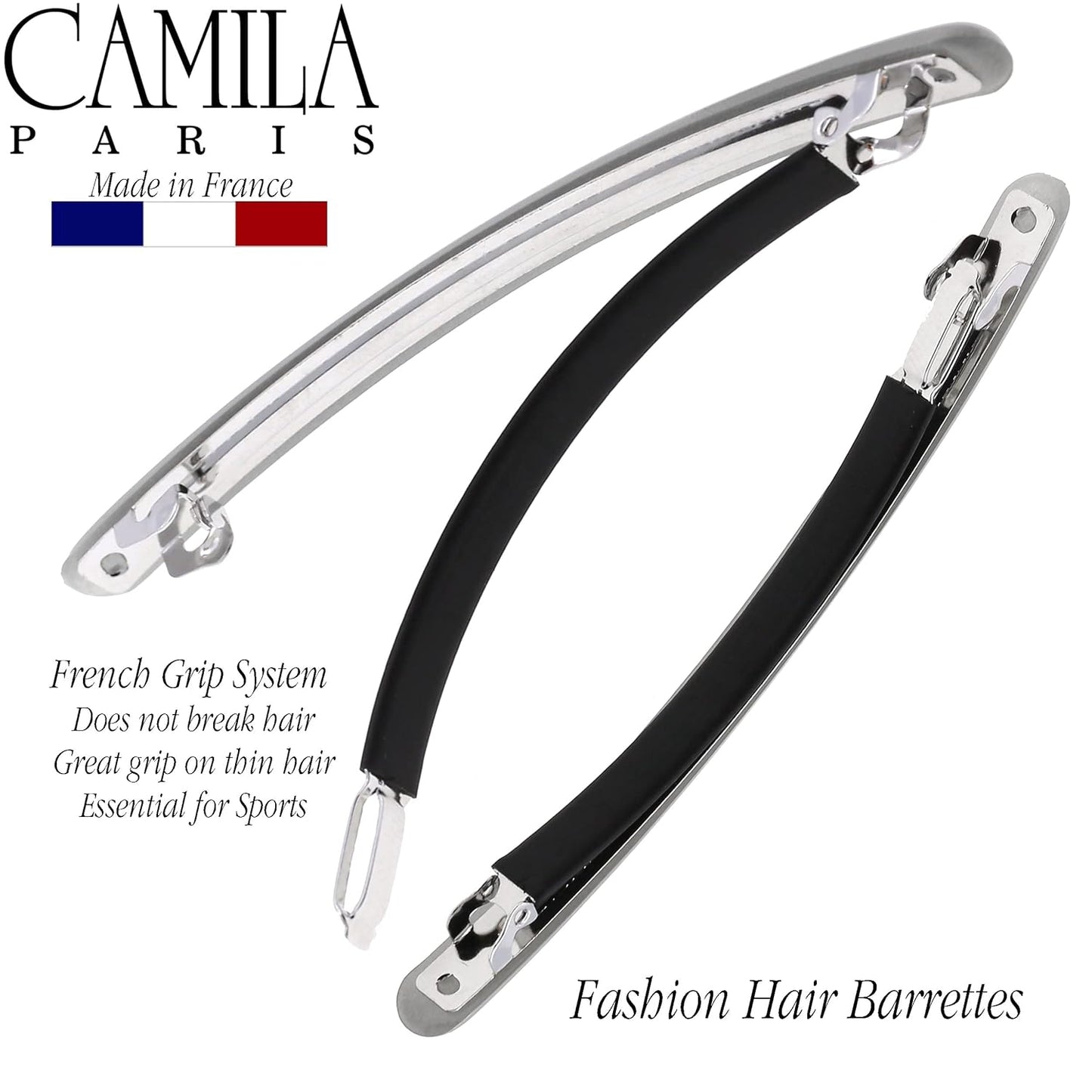 Camila Paris CP3252 French Hair Barrette Large Gray, Long Skinny Strong Hold Grip Hair Clips for Women, Thin Rubberized Automatic Clasp No Slip Durable Styling Girls Hair Accessories, Made in France