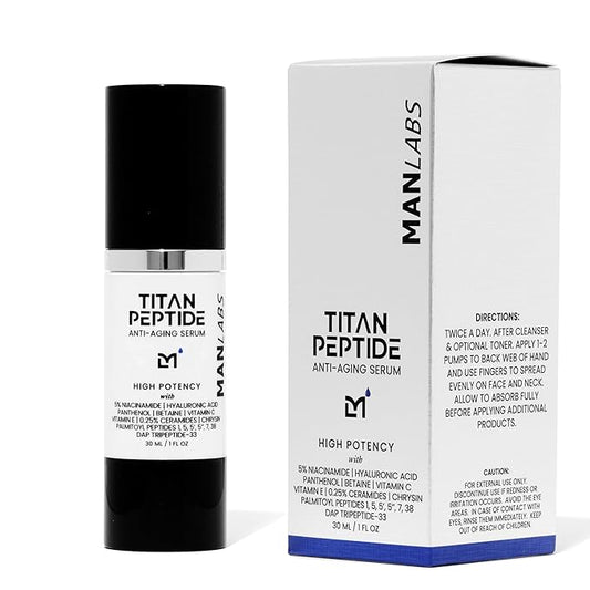 Titan High Potency Anti Aging Peptide Serum for Face - Men's Gentle Multi Peptide Moisturizer with Hyaluronic Acid, 5% Niacinamide, Vitamin C, Vitamin E, and Ceramides - Unscented, 1 Fl Oz