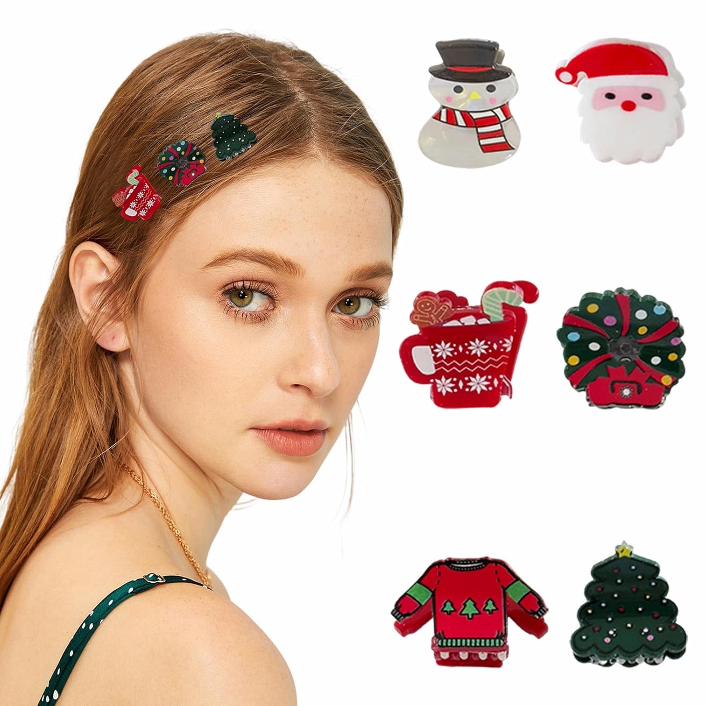 6 Pcs Christmas Hair Clips for Women, Cute Hair Claw Clip, Christmas tree Fireworks Clothes Cups Santa Claus Snowman Claw Clip, Holiday Hair Accessories, Xmas Small Hair Claw for Thick Hair/Thin Hair