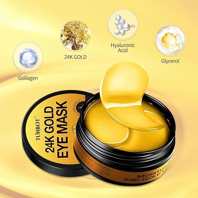 Tunbot Eye Mask - 60 Pieces - 24k Gold Eye Mask - Anti-Aging - Contains Collagen & Hyaluronic Acid - Removes Dark Circles, Puffiness & Wrinkles, Moisturizes - Home Skin Care