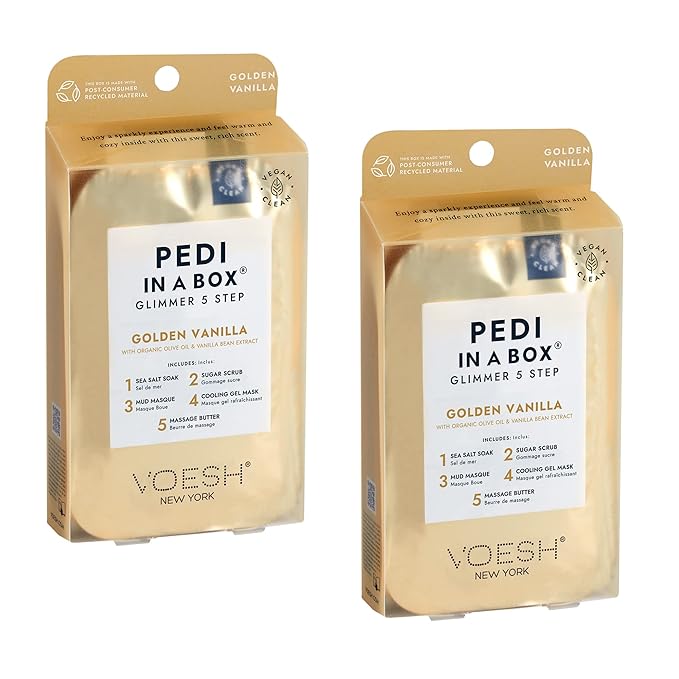 VOESH Pedi in a Box Glimmer - 2 Packs, Golden Vanilla, Pedi in a Box, Spa Pedicure Kit, Sparkly Pedicure, DIY Pedi, Foot Care, At-Home Pedi Products, Vegan Skincare