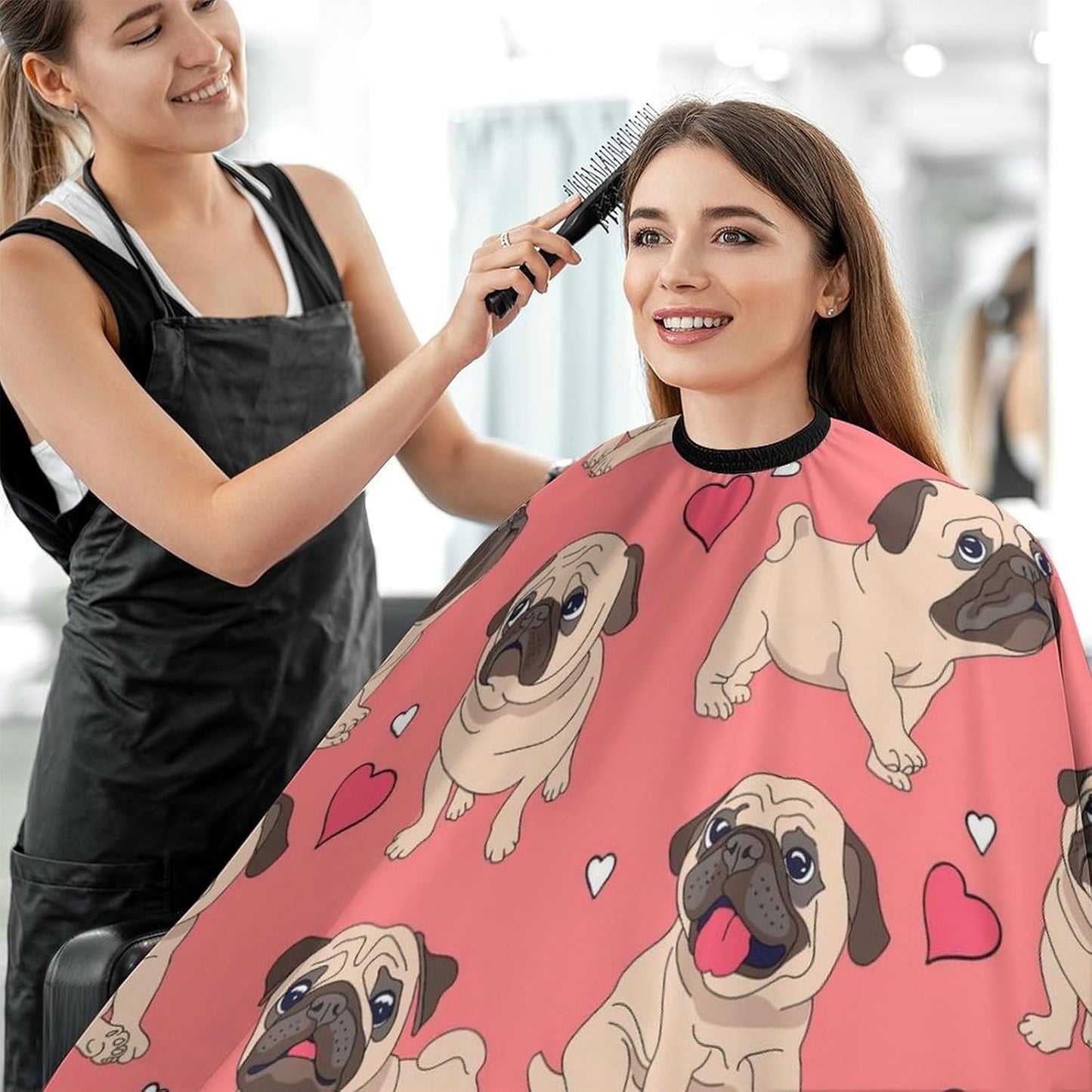 Professional Barber Cape for Men Women, Water and Stain Resistant Funny Cartoon Pugs Puppy Pink Art Hair Cutting Cape Extra Large Haircut Apron Hair Cutting Cloak, Skin Friendly