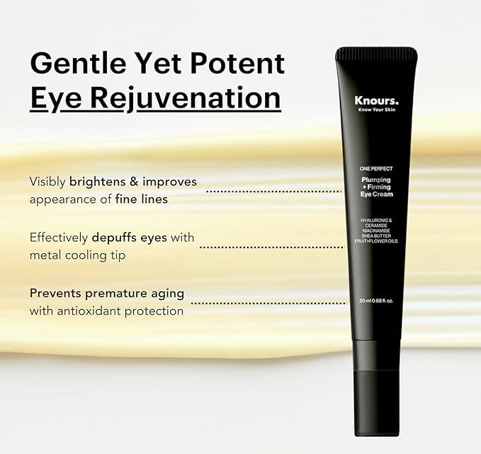 Knours. One Perfect Firming + Plumping Eye Cream with Hyaluronic & Ceramide Niacinamide Shea Butter Fruit + Flower Oils for a refreshed, Smooth Look, New & Improved Formula 20ml/0.68 fl. oz.