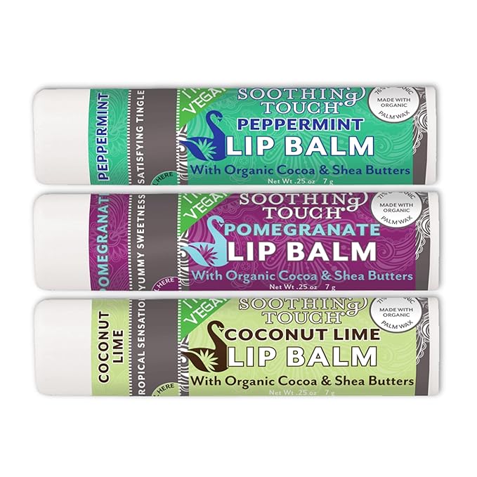 Vegan Lip Balm Set - Variety Pack of 3 Soothing Touch Lip Balms. Large 0.25 oz size. Includes Bonus Muslin Pouch (3 x 4 in) Unique Gift Bundle from Tiny Seed (Coconut Lime, Pomegranate, Peppermint)