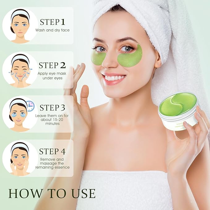 Under Eye Patches Masks - for Dark Circles, Eye bags puffiness Smoothing Skin Care Treatment, and Fade Wrinkles, Fine Lines with Collagen and Hyaluronic Acid for Women and Men, (60 Pcs) Green