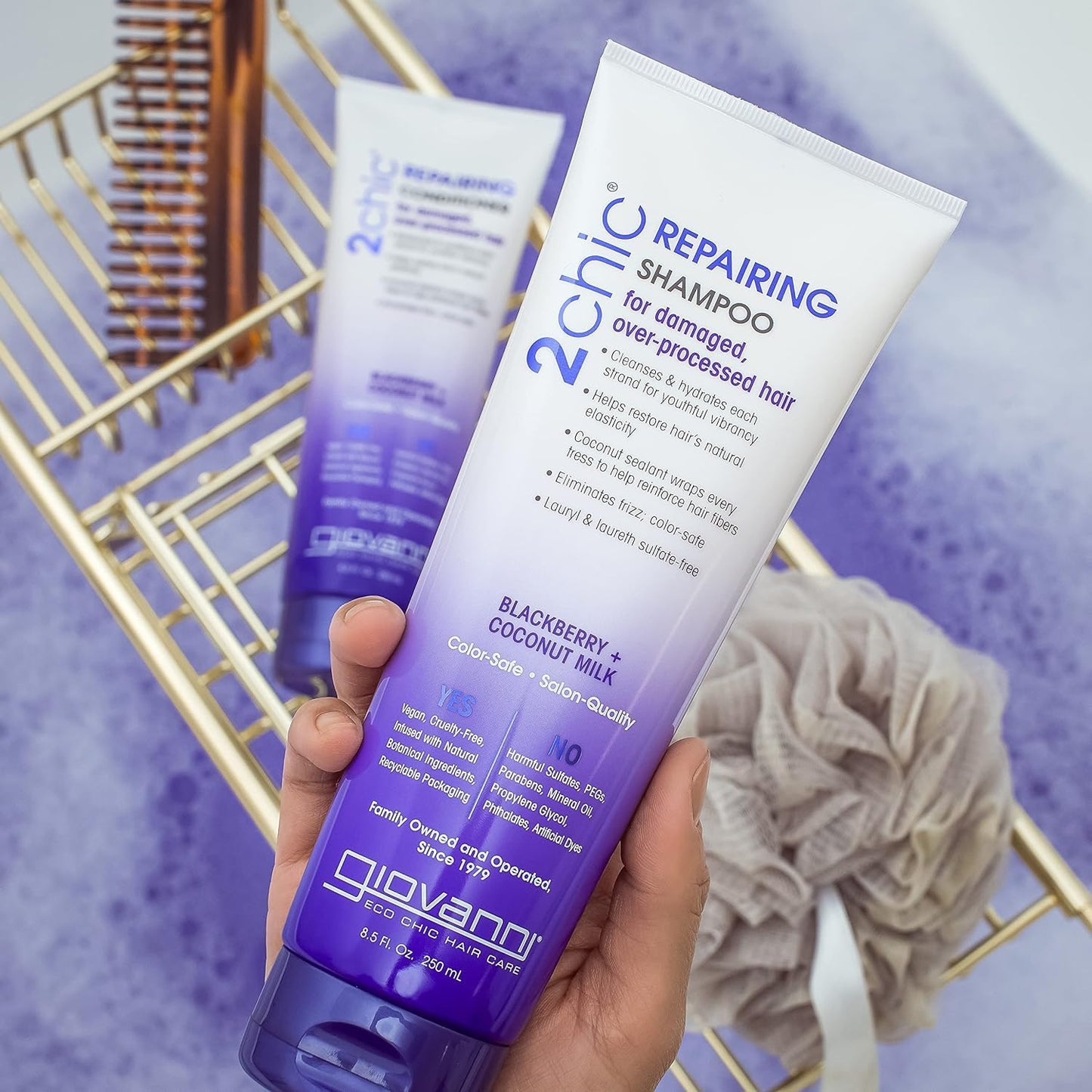 GIOVANNI 2chic Ultra-Repairing Shampoo & Conditioner Set - For Damaged, Over-Processed Hair, Helps Restore Hair's Natural Elasticity, Blackberry & Coconut Oil, Shea Butter, Color Safe - 8.5 oz Each