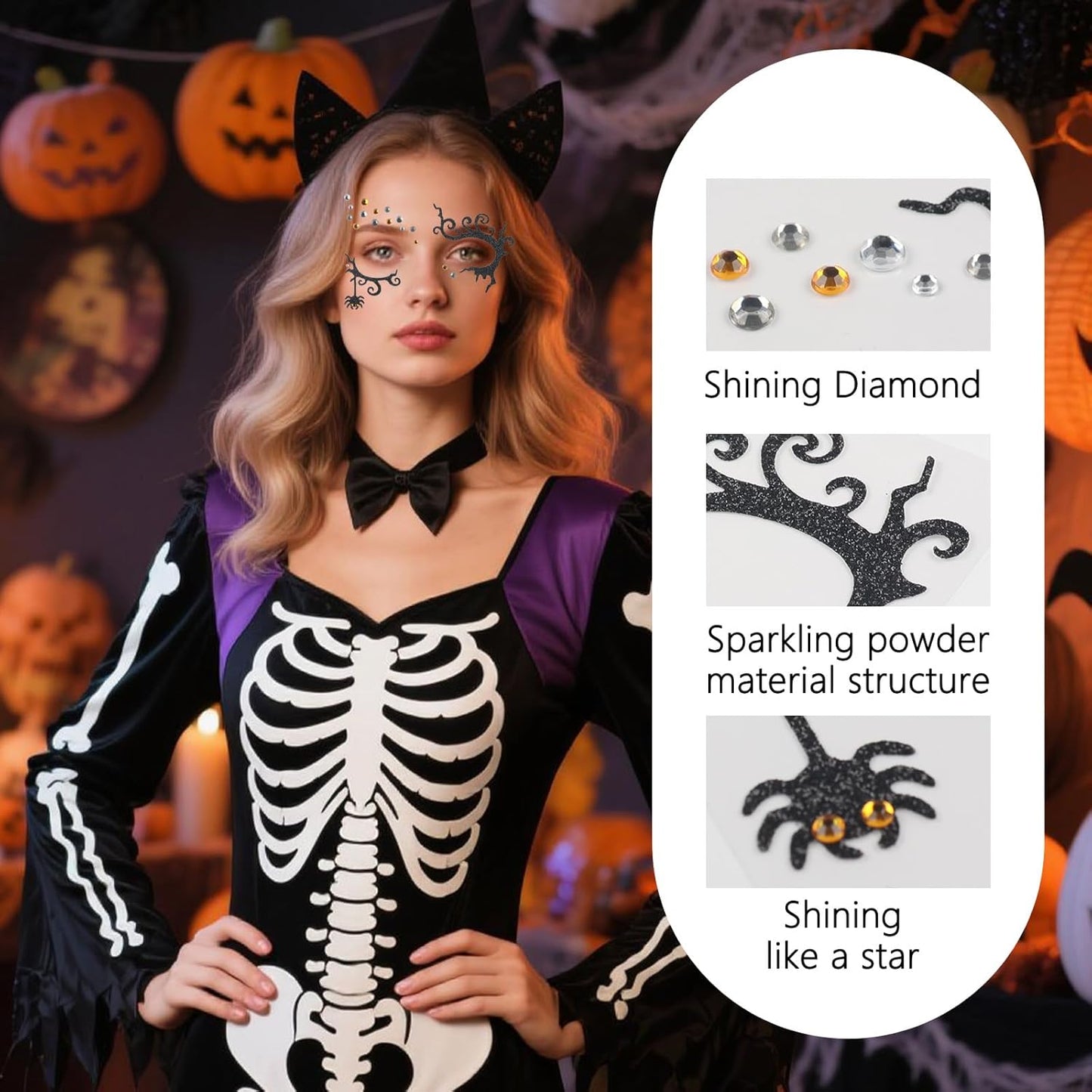 Halloween Face Tattoo Stickers Spider Animal Face Gems Stickers Decals Makeup Accessories